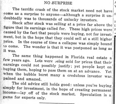 No Surprise - The teriffic crash of the stock market need not have come as a surprise to anyone.